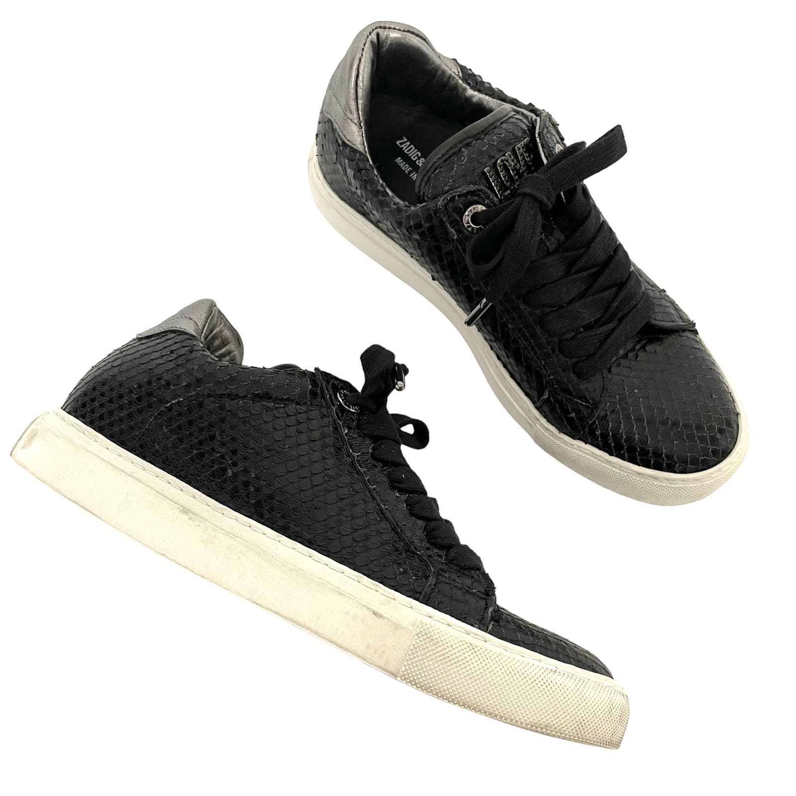 Zadig & Voltaire Neo Keith Leather Sneakers Low Top Black Silver Size 39 Us 9